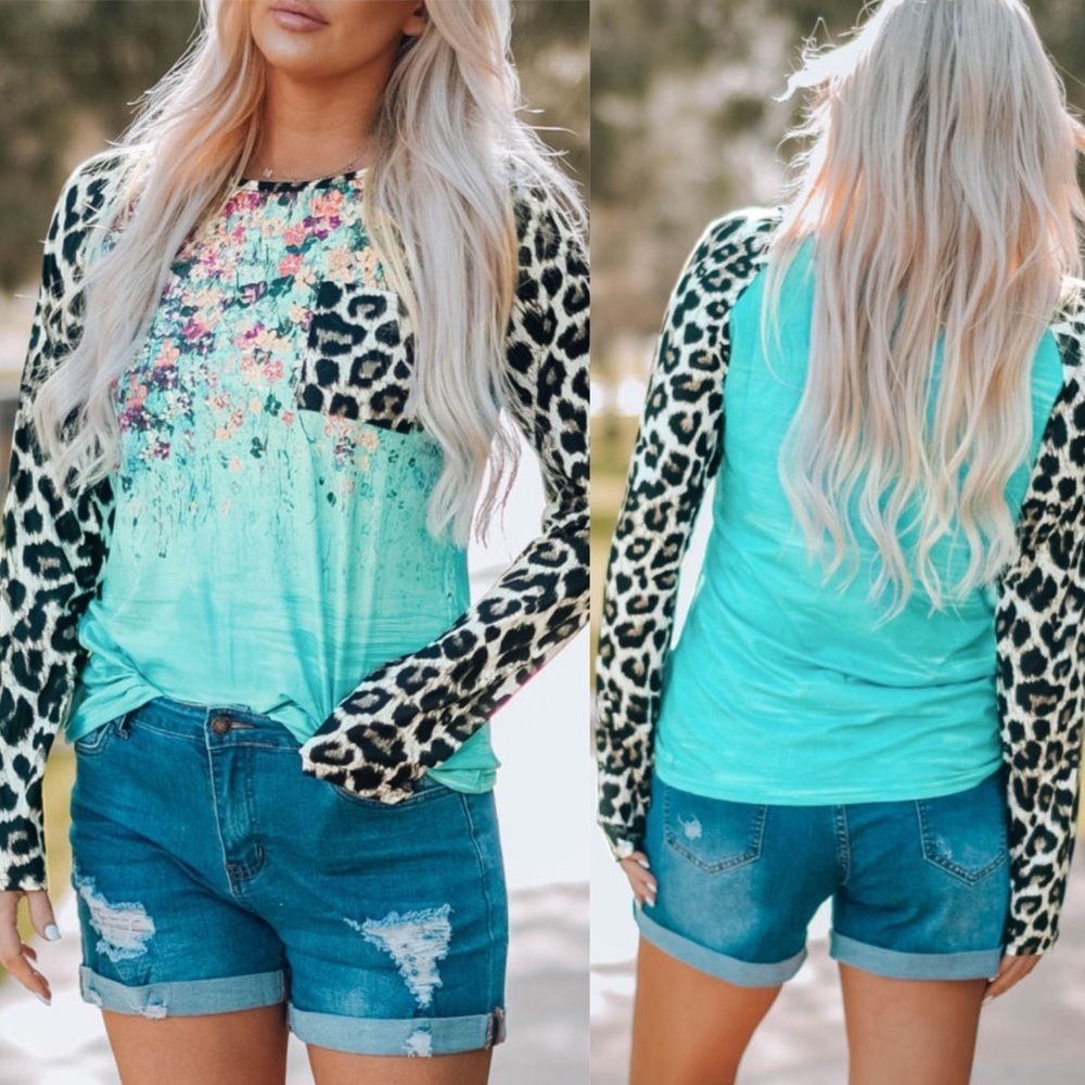 LEOPARD Tie-dye Splicing Long Sleeve Top NWOT